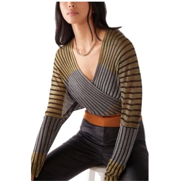 Free People Pluto Faux Wrap Multicolor Long Sleeve Ribbed Top Size Small NWT - Picture 12 of 12